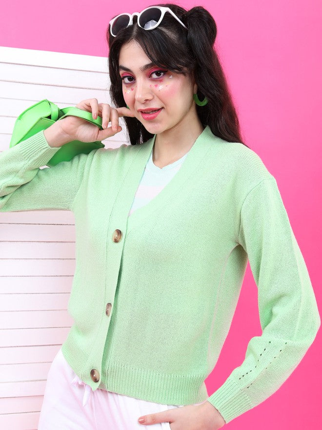 Tokyo Talkies Women Green Shawl Neck Sweater - Green - Image 3