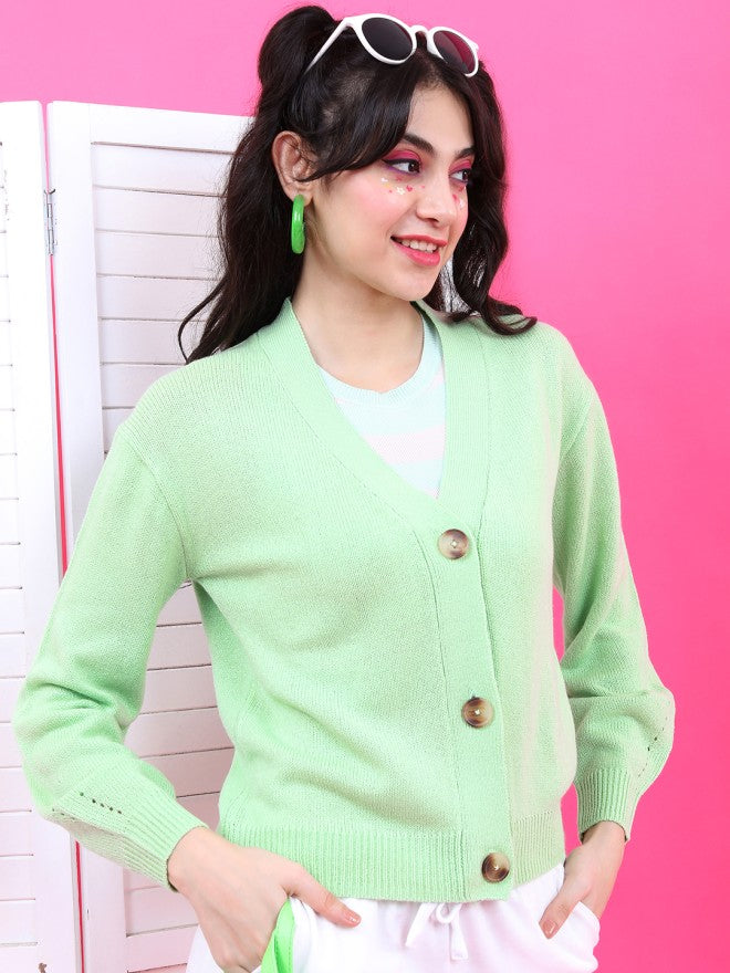 Tokyo Talkies Women Green Shawl Neck Sweater - Green - Image 5