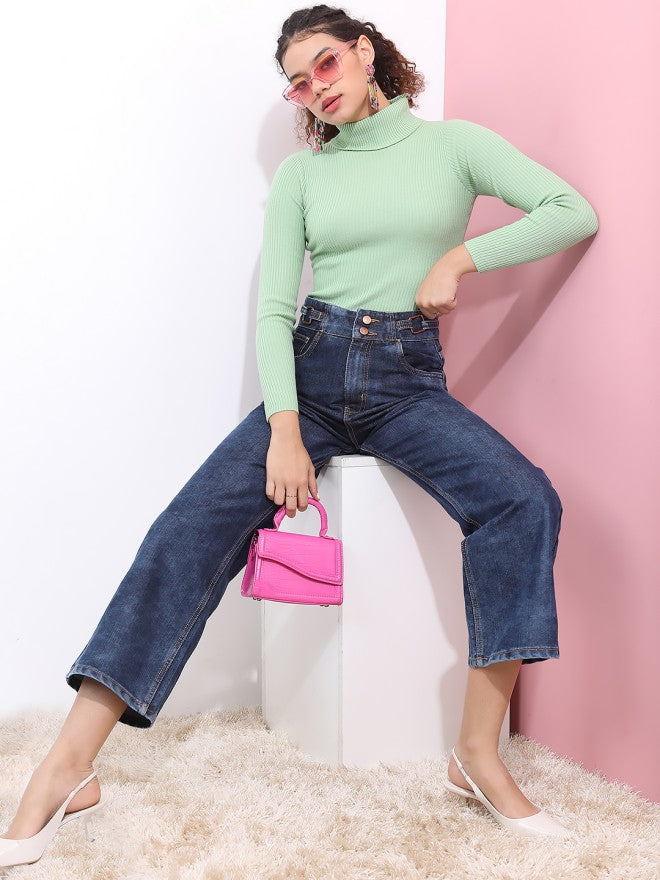 Tokyo Talkies Women Green Turtle Neck Sweater - Green - Image 1