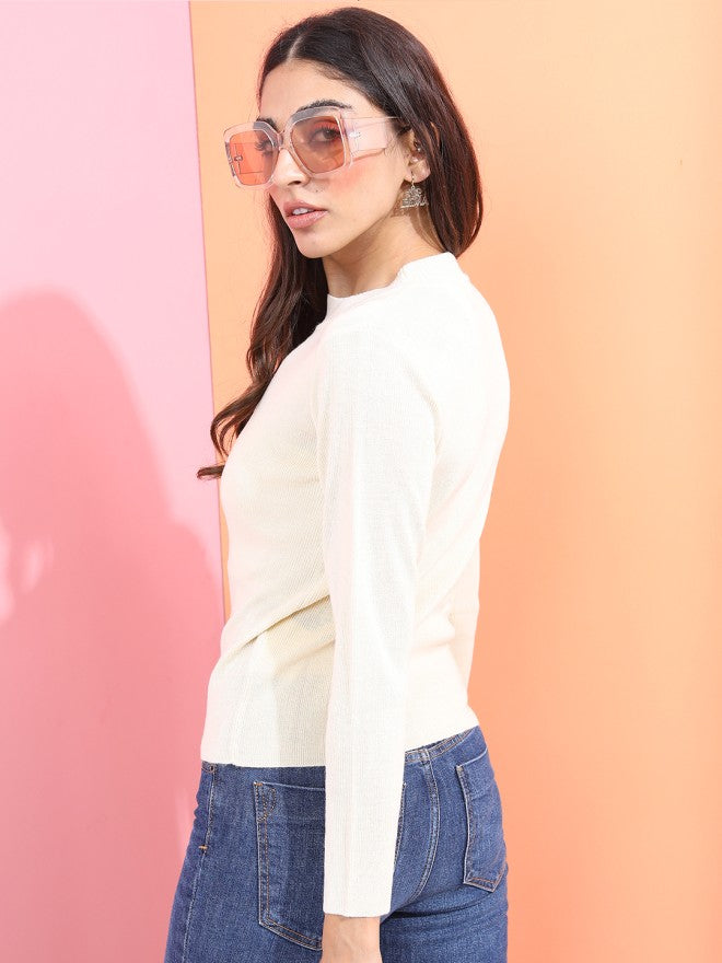 Tokyo Talkies Women Beige Round Neck Sweater - Beige - Image 2