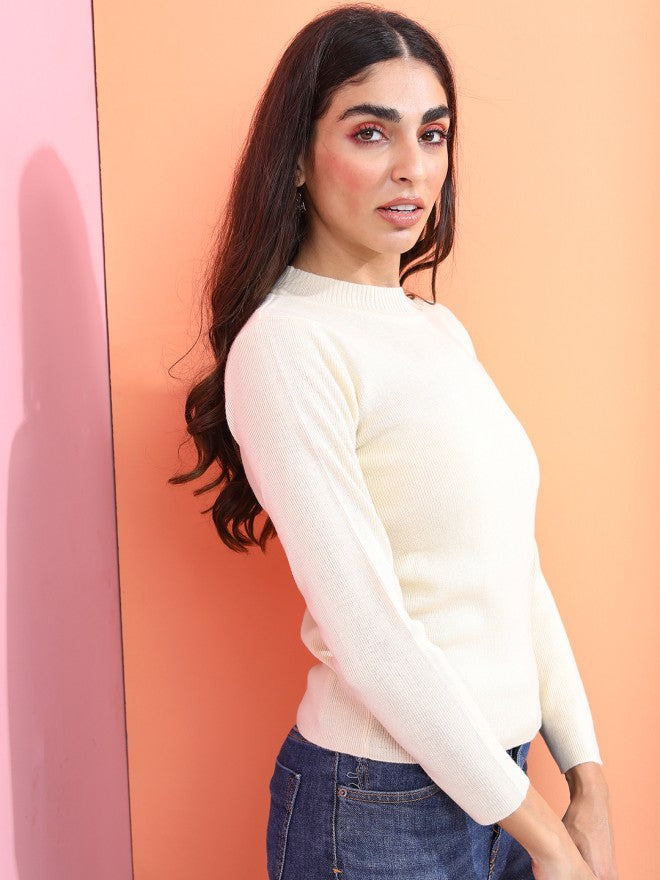 Tokyo Talkies Women Beige Round Neck Sweater - Beige - Image 5