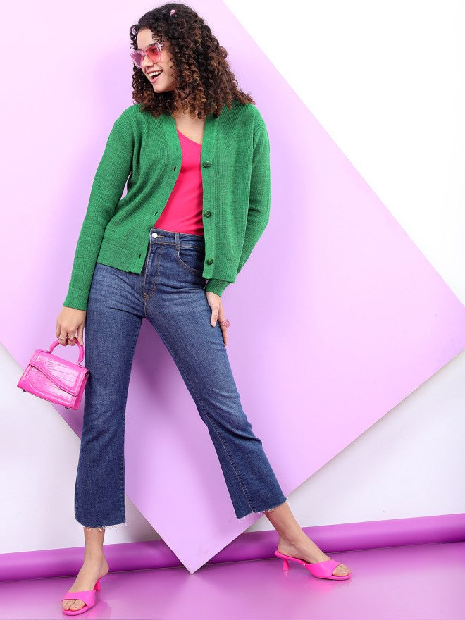 Tokyo Talkies Women Green V-Neck Sweater - Green - Image 1