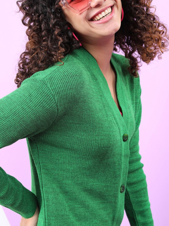 Tokyo Talkies Women Green V-Neck Sweater - Green - Image 4