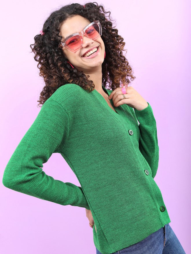Tokyo Talkies Women Green V-Neck Sweater - Green - Image 5