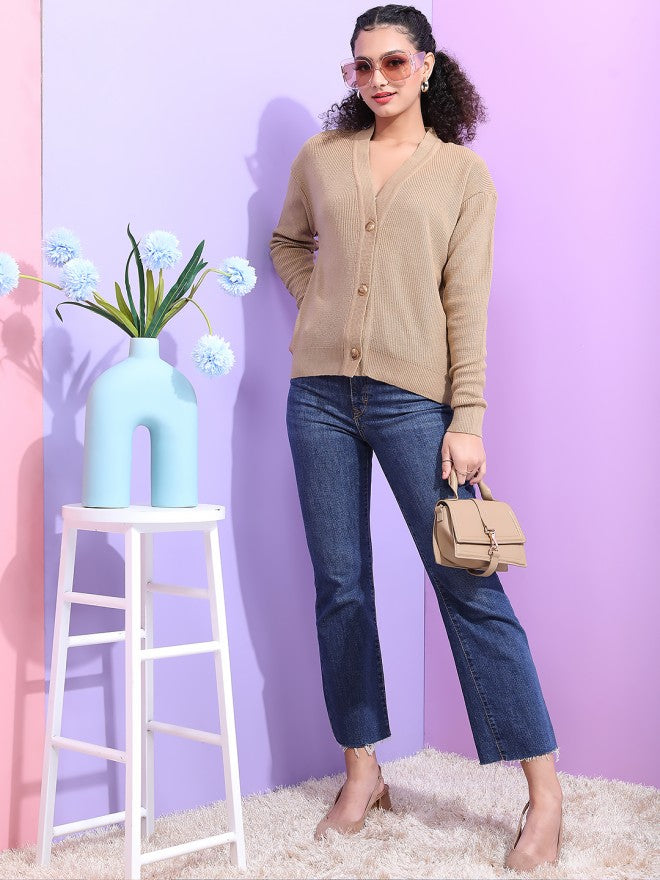 Tokyo Talkies Women Beige V-Neck Sweater - Beige - Image 1