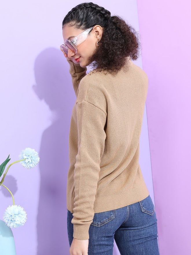 Tokyo Talkies Women Beige V-Neck Sweater - Beige - Image 2