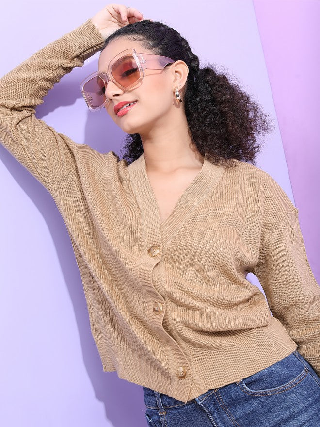 Tokyo Talkies Women Beige V-Neck Sweater - Beige - Image 3