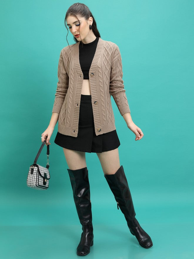 Tokyo Talkies Women Brown Round Neck Sweater - Brown - Image 2