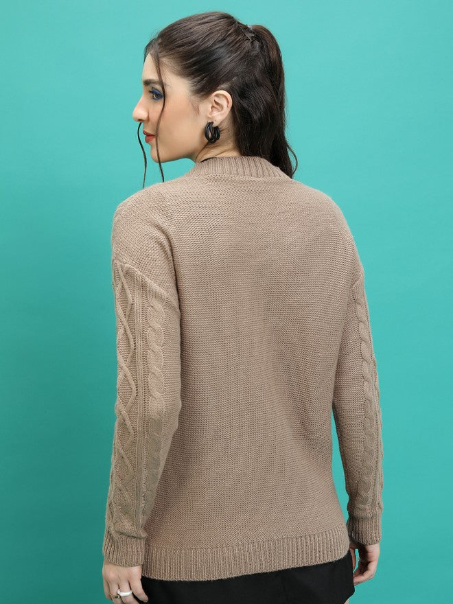 Tokyo Talkies Women Brown Round Neck Sweater - Brown - Image 3