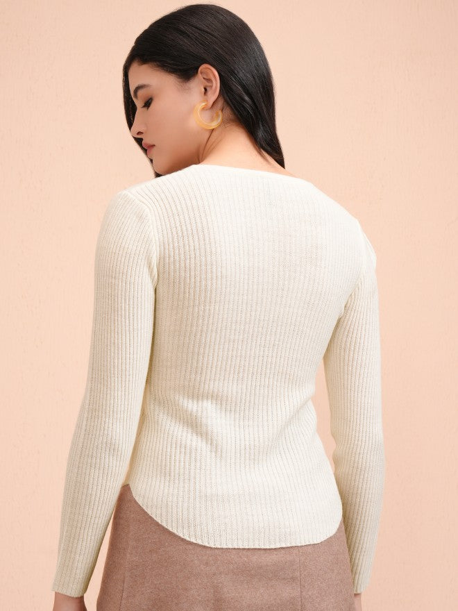 Tokyo Talkies Women Off White Round Neck Sweater - Off White - Image 3