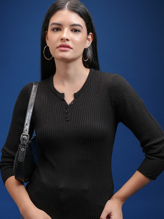 Tokyo Talkies Women Black Round Neck Sweater - Black - Image 1