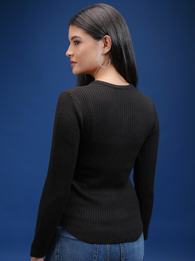 Tokyo Talkies Women Black Round Neck Sweater - Black - Image 3