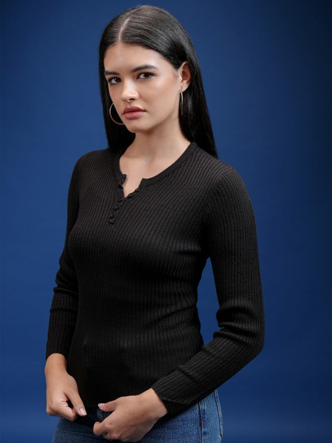 Tokyo Talkies Women Black Round Neck Sweater - Black - Image 4