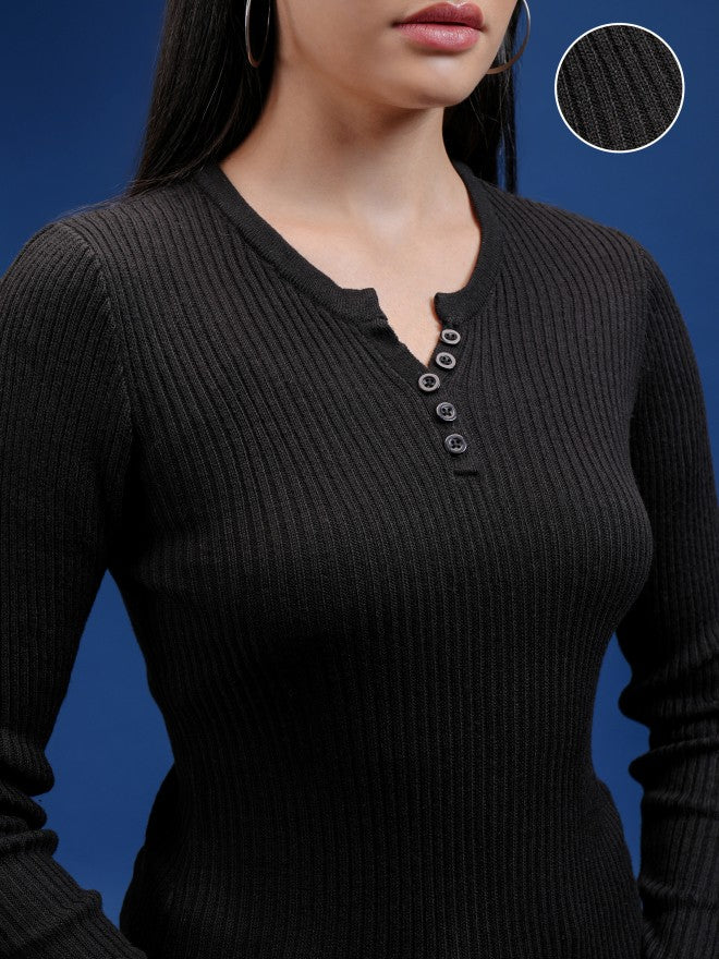 Tokyo Talkies Women Black Round Neck Sweater - Black - Image 5
