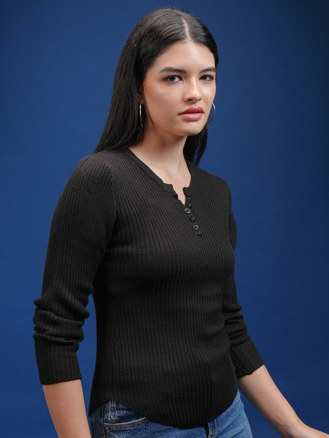 Tokyo Talkies Women Black Round Neck Sweater - Black - Image 6