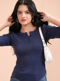 Tokyo Talkies Women Navy Blue Round Neck Sweater - Navy Blue - Image 1