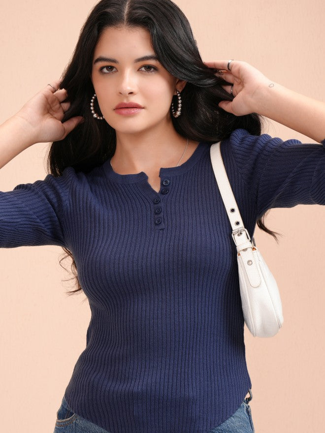 Tokyo Talkies Women Navy Blue Round Neck Sweater - Navy Blue - Image 1