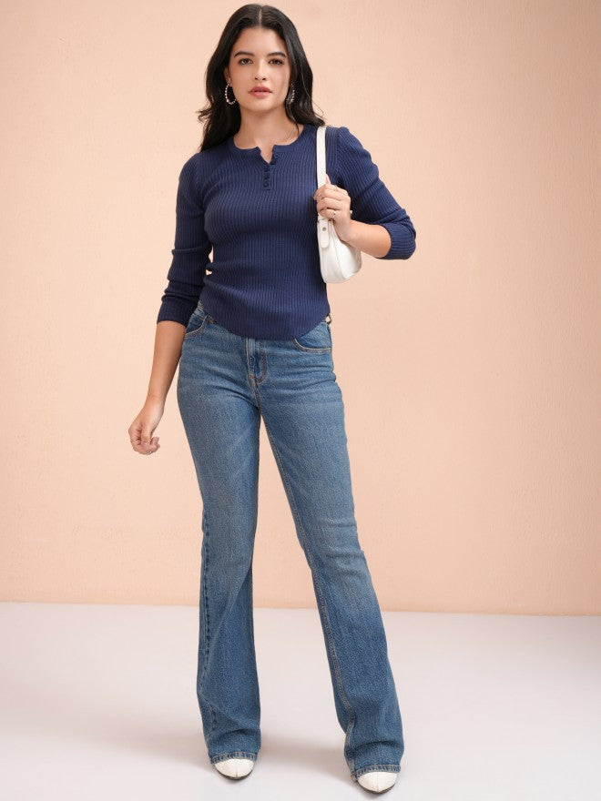 Tokyo Talkies Women Navy Blue Round Neck Sweater - Navy Blue - Image 2