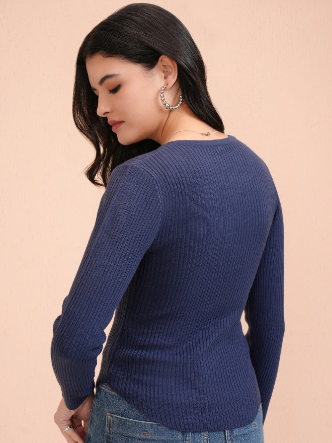 Tokyo Talkies Women Navy Blue Round Neck Sweater - Navy Blue - Image 3
