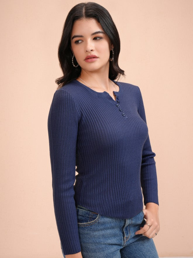 Tokyo Talkies Women Navy Blue Round Neck Sweater - Navy Blue - Image 6