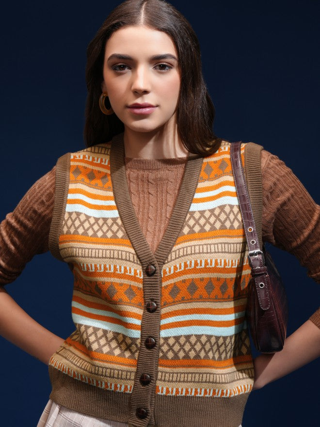 Tokyo Talkies Women Brown V-Neck Sweater - Brown - Image 1