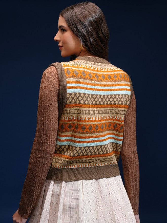 Tokyo Talkies Women Brown V-Neck Sweater - Brown - Image 3
