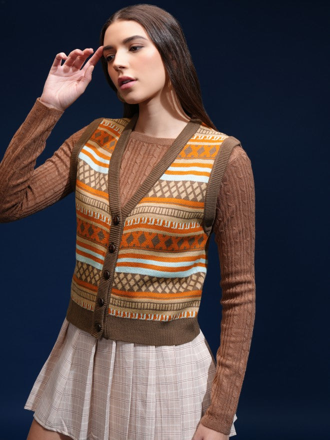 Tokyo Talkies Women Brown V-Neck Sweater - Brown - Image 4