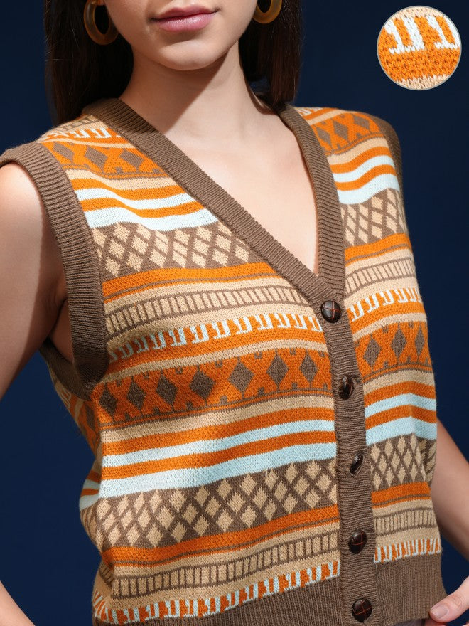 Tokyo Talkies Women Brown V-Neck Sweater - Brown - Image 5