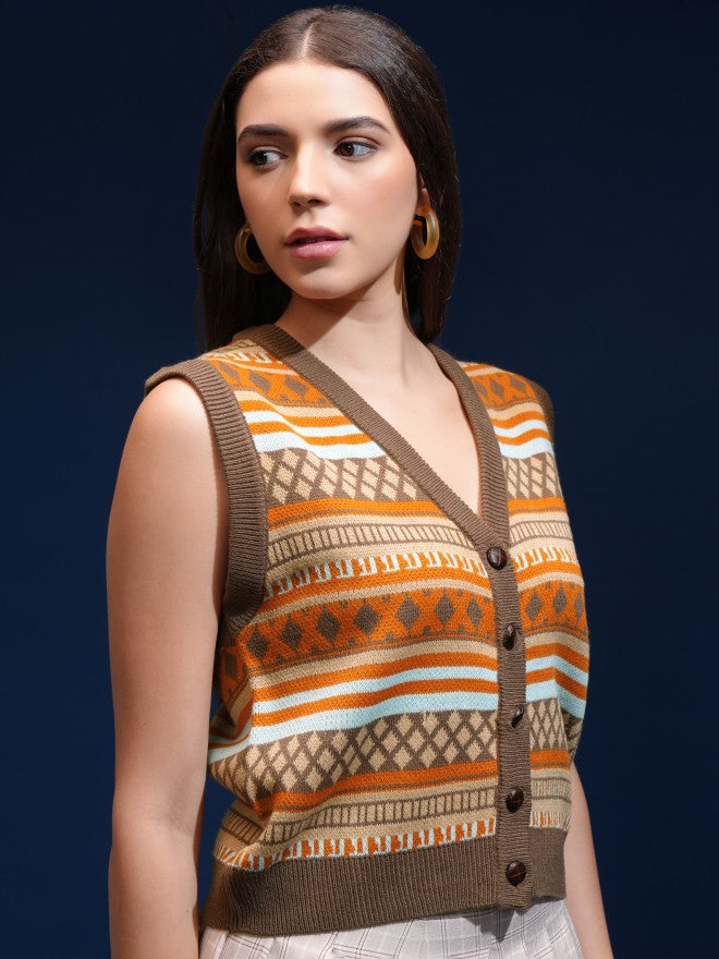 Tokyo Talkies Women Brown V-Neck Sweater - Brown - Image 6