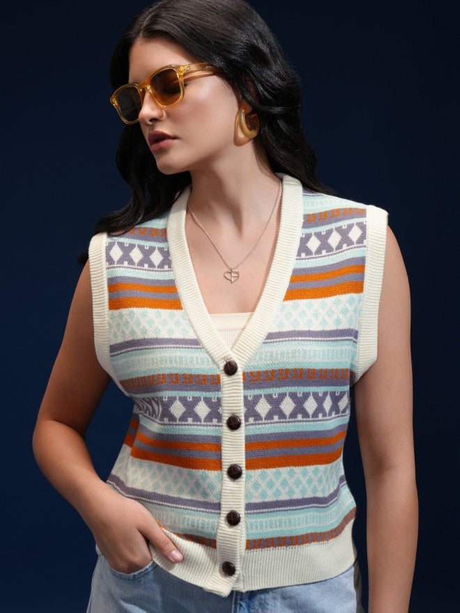 Tokyo Talkies Women Beige V-Neck Sweater - Beige - Image 1