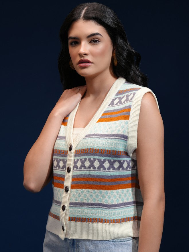 Tokyo Talkies Women Beige V-Neck Sweater - Beige - Image 4