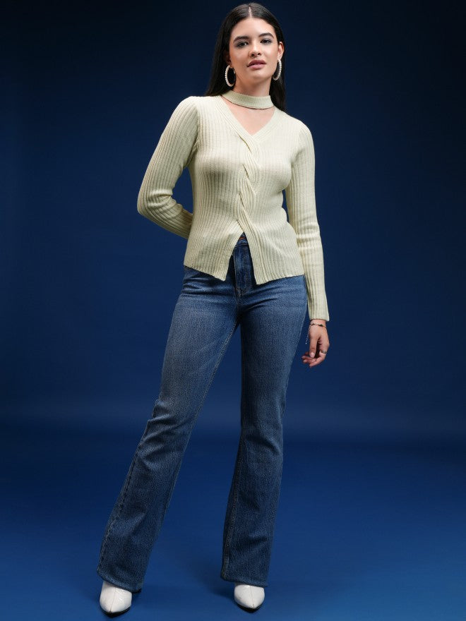 Tokyo Talkies Women Beige V-Neck Sweater - Beige - Image 2