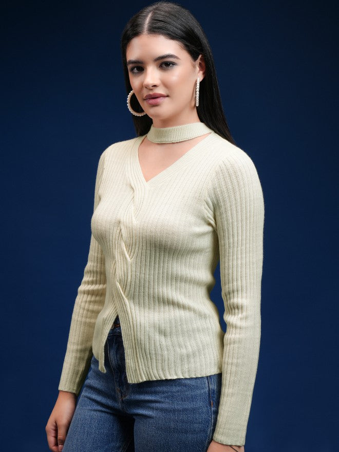 Tokyo Talkies Women Beige V-Neck Sweater - Beige - Image 4