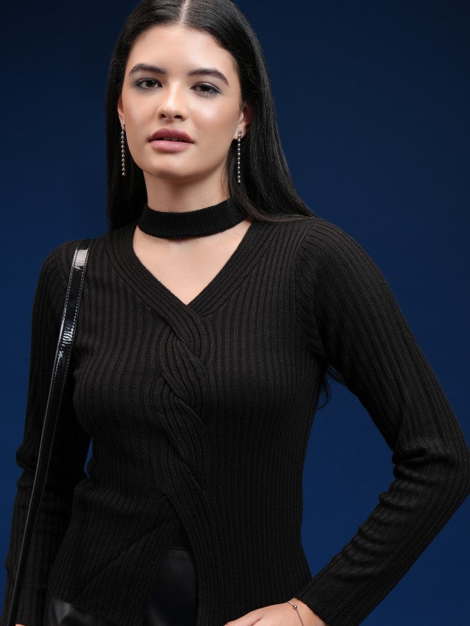 Tokyo Talkies Women Black V-Neck Sweater - Black - Image 1