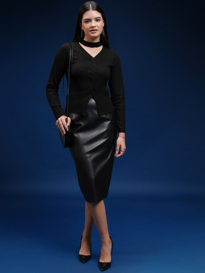 Tokyo Talkies Women Black V-Neck Sweater - Black - Image 2