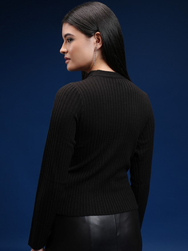 Tokyo Talkies Women Black V-Neck Sweater - Black - Image 3