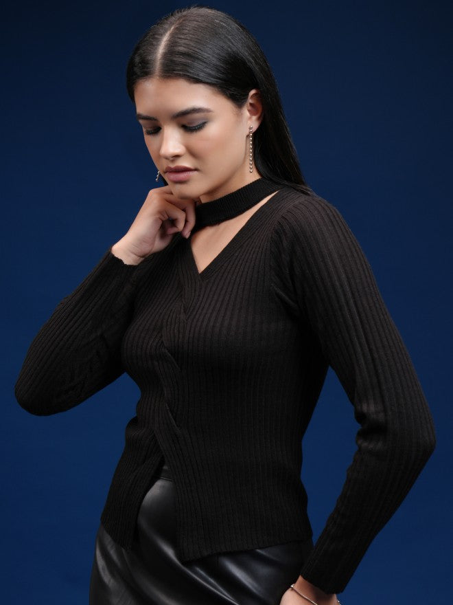 Tokyo Talkies Women Black V-Neck Sweater - Black - Image 4