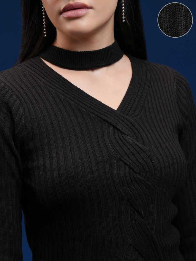 Tokyo Talkies Women Black V-Neck Sweater - Black - Image 5