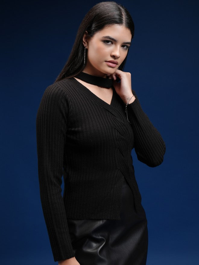 Tokyo Talkies Women Black V-Neck Sweater - Black - Image 6