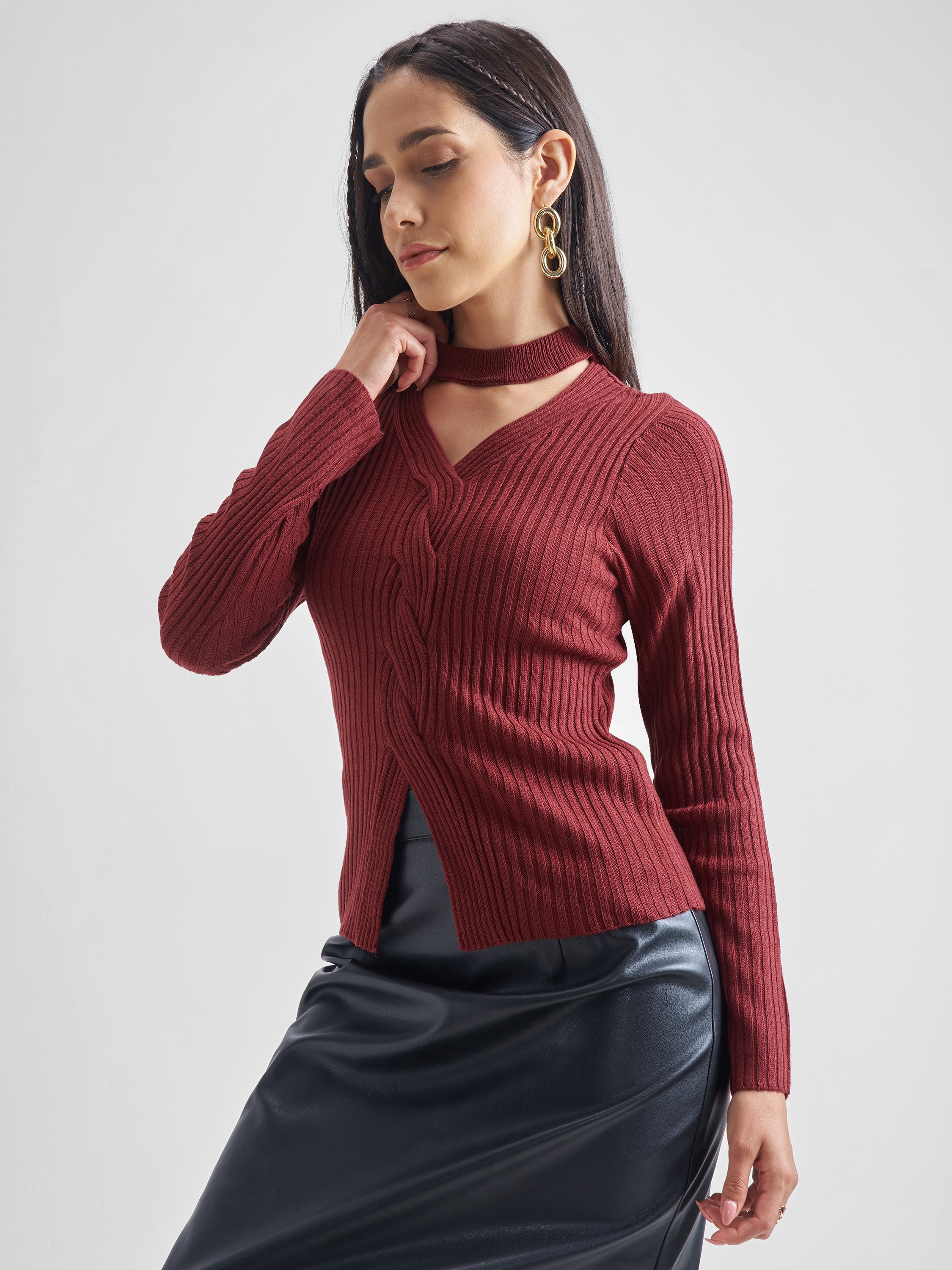 Tokyo Talkies Women Red V-Neck Sweater - Red - Image 4