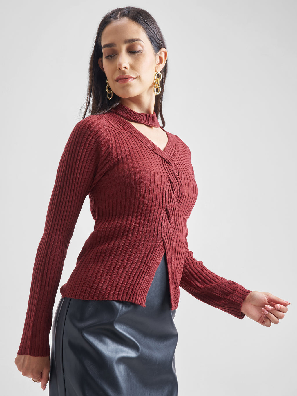Tokyo Talkies Women Red V-Neck Sweater - Red - Image 6