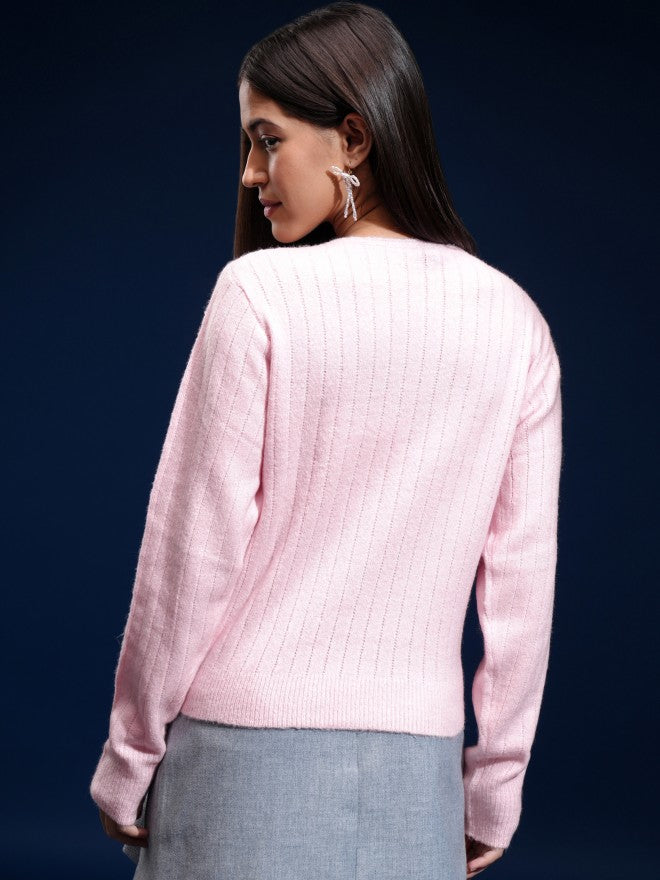 Tokyo Talkies Women Pink Boat Neck Sweater - Pink - Image 3
