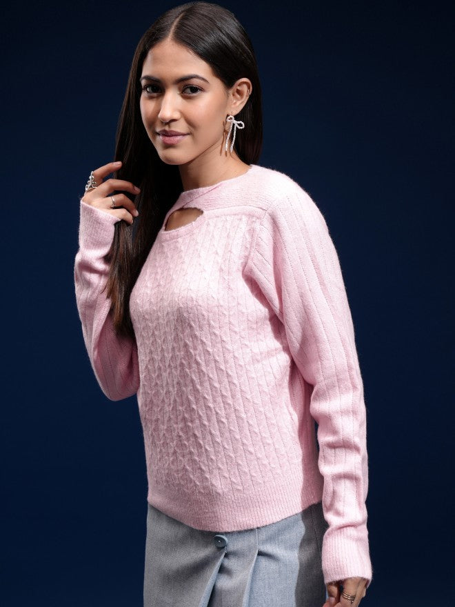Tokyo Talkies Women Pink Boat Neck Sweater - Pink - Image 4