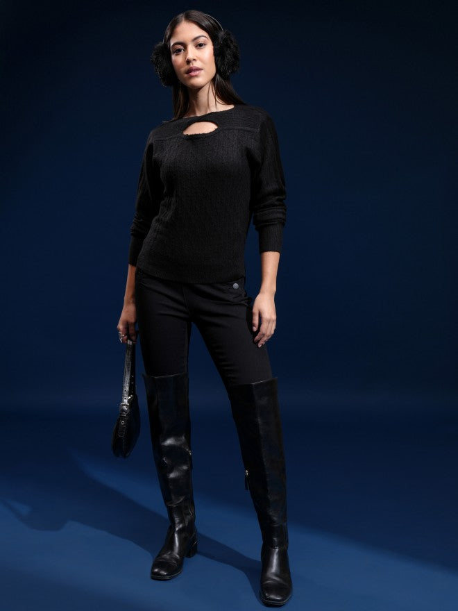 Tokyo Talkies Women Black Boat Neck Sweater - Black - Image 2