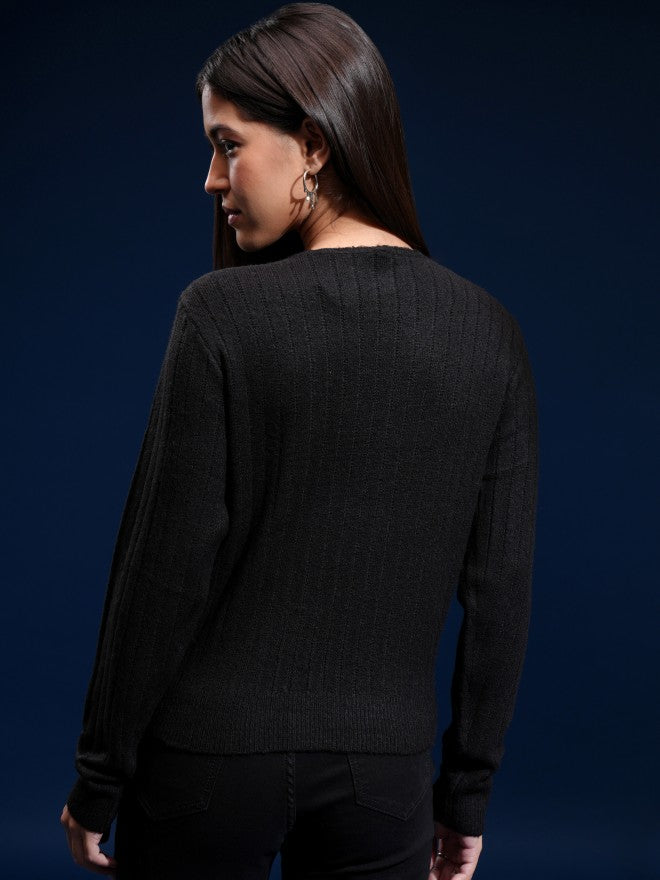Tokyo Talkies Women Black Boat Neck Sweater - Black - Image 3