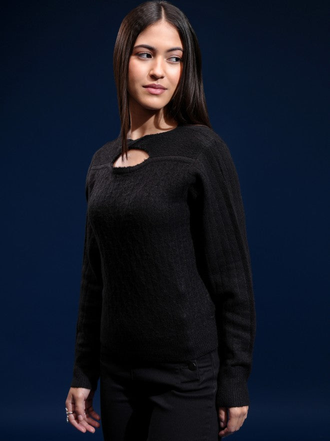 Tokyo Talkies Women Black Boat Neck Sweater - Black - Image 4