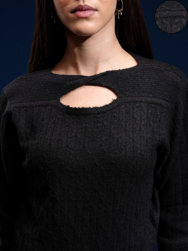 Tokyo Talkies Women Black Boat Neck Sweater - Black - Image 5