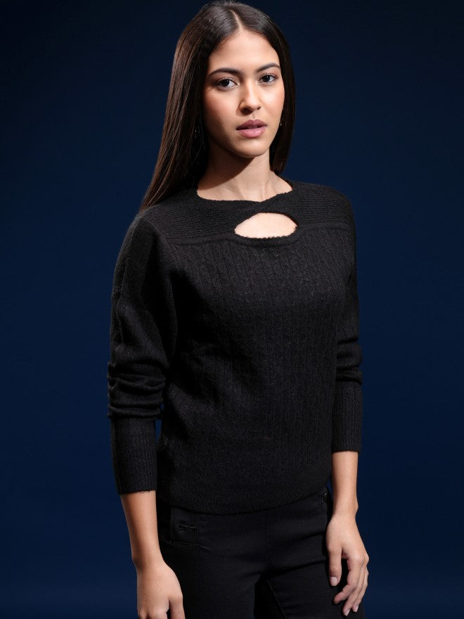 Tokyo Talkies Women Black Boat Neck Sweater - Black - Image 6