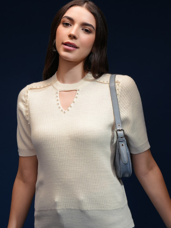 Tokyo Talkies Women Off White Round Neck Sweater - Off White - Image 1