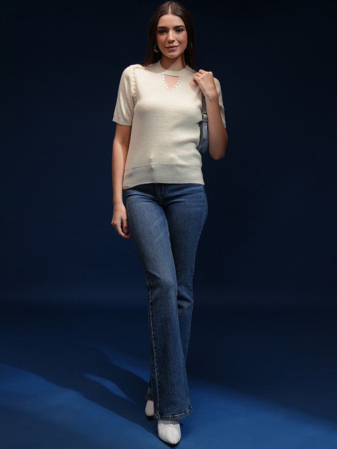 Tokyo Talkies Women Off White Round Neck Sweater - Off White - Image 2